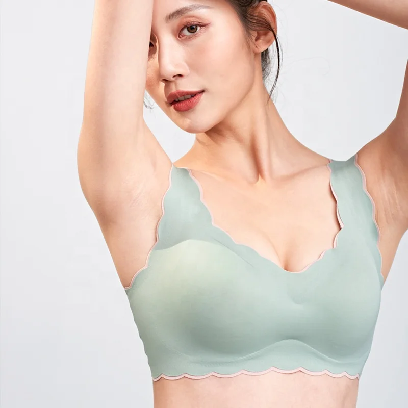 

Women Wave shoulder straps smooth Contrast color bra Women's no steel ring collection thin cup vest bra, Water green/pink/charm purple/black/tan