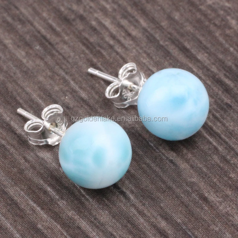 

natural gemstone beads blue larimar round earring stud 925sterling silver