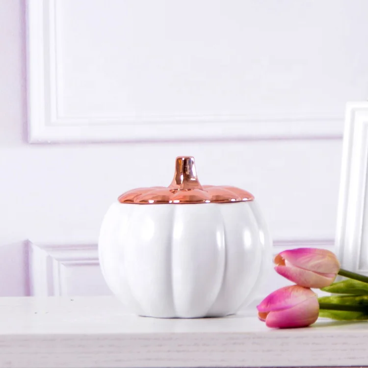 

Home porcelain storage with gold lid pumpkin shaped ceramic candy jar, White with gold lid