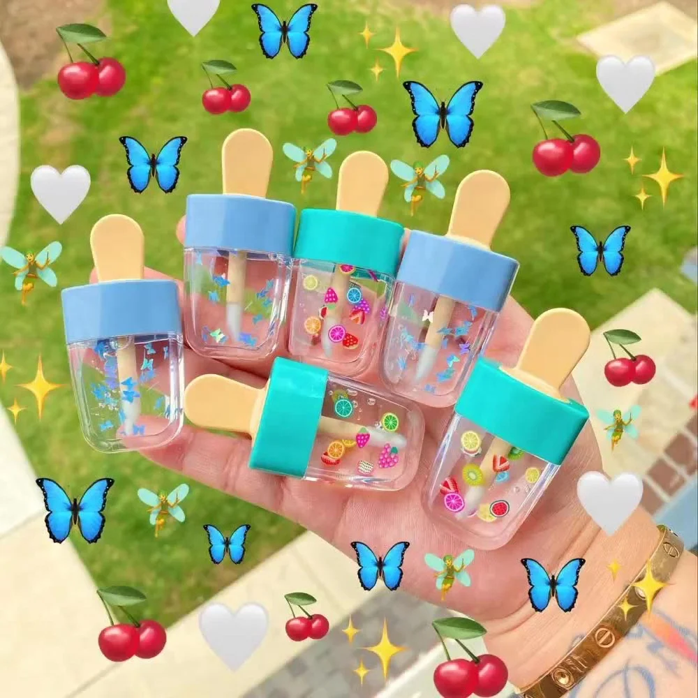 

New Trend Lipgloss Glittery Popsicle Shape Lipgloss Base Oil Vegan Glitter Ice Cream Lip Gloss Cute Kids