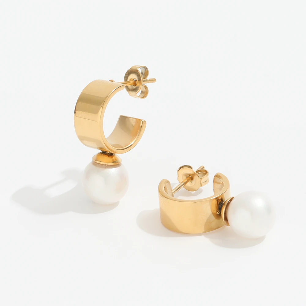 Joolim High End 18K Gold Plated Pearl C Hoop Earrings Stainless Steel Jewelry for Women Wholesale