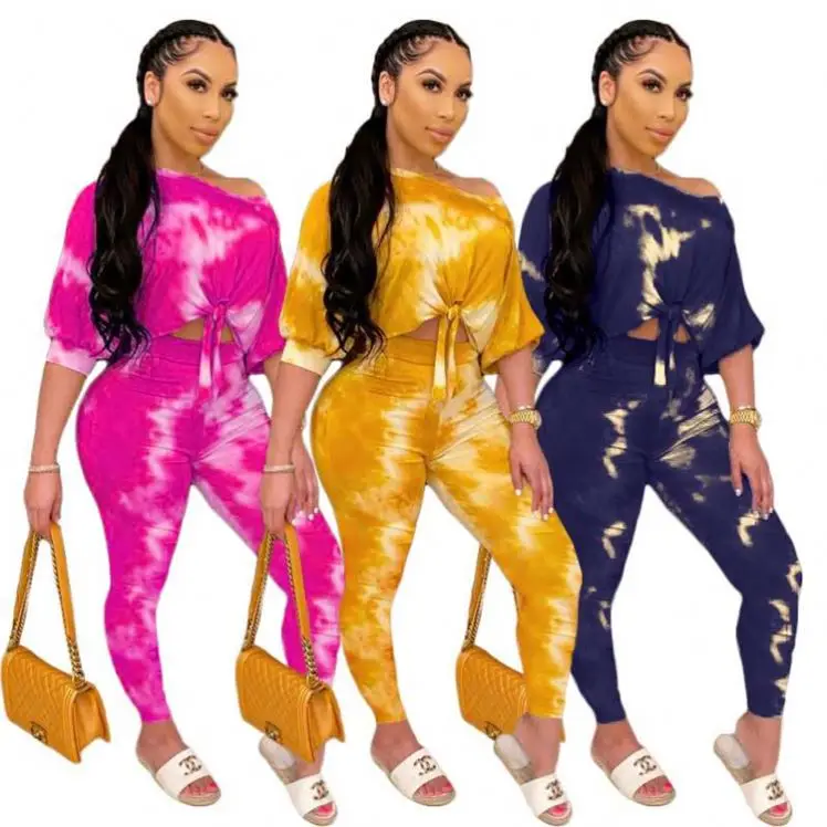 

Knot Tie Dye Off Shoulder Manufacturer 2 piece Jogger Two Piece Set Women Clothing Sets