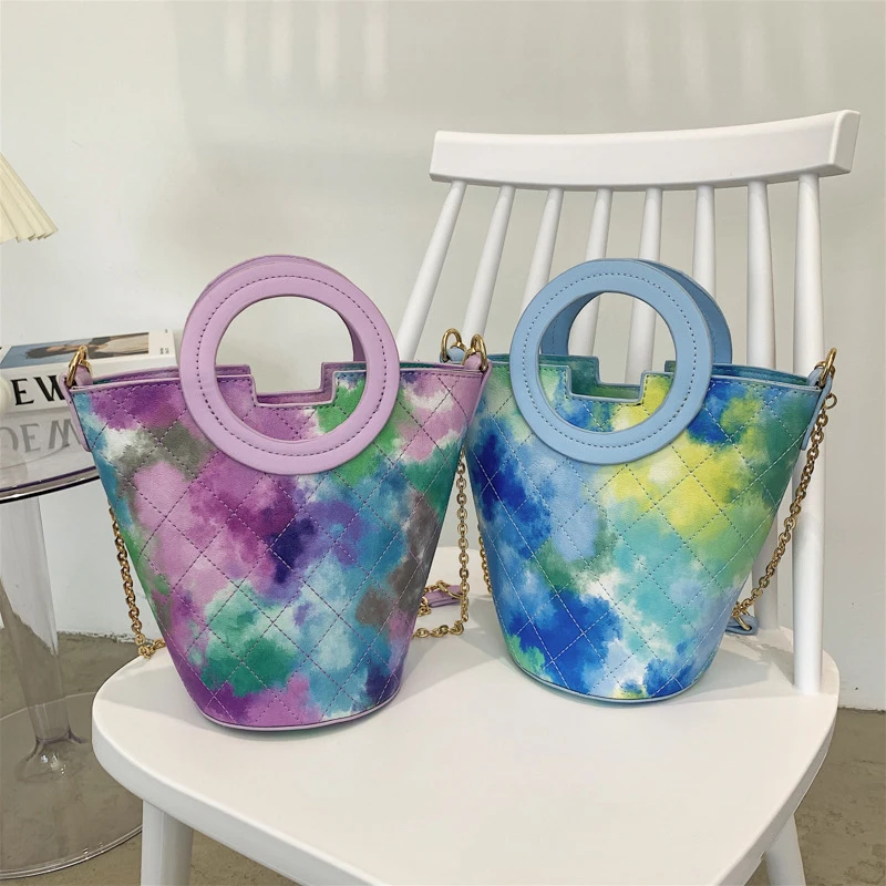 

2021 Hot Sell Rainbow Tie Dye Handbags bucket Purse Women Hand Bag Crossbody Bags Colorful Purses For Ladies, Customizable