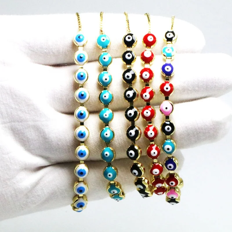 

2021 Trendy vintage bohemian brass 18K gold plated colorful evil eye bead charm adjustable bracelets for women jewelry, As the pic show