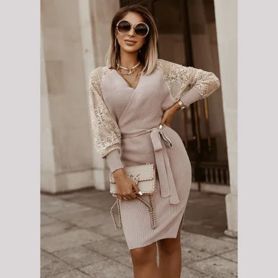 

Dress Women Spring Autumn Women Dress Lace Patchwork Long Sleeve Belt Bodycon Split Hem Knitted Dress Party Robe