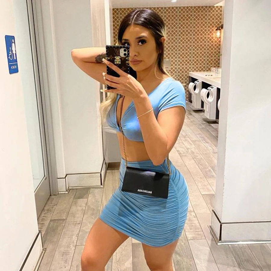 

Nibber S1736692 Summer Solid V-neck Bodycon Short Sleeve Partywear Streetwear Female Crop Top & Skirt Women Two Piece Skirt Set, Blue