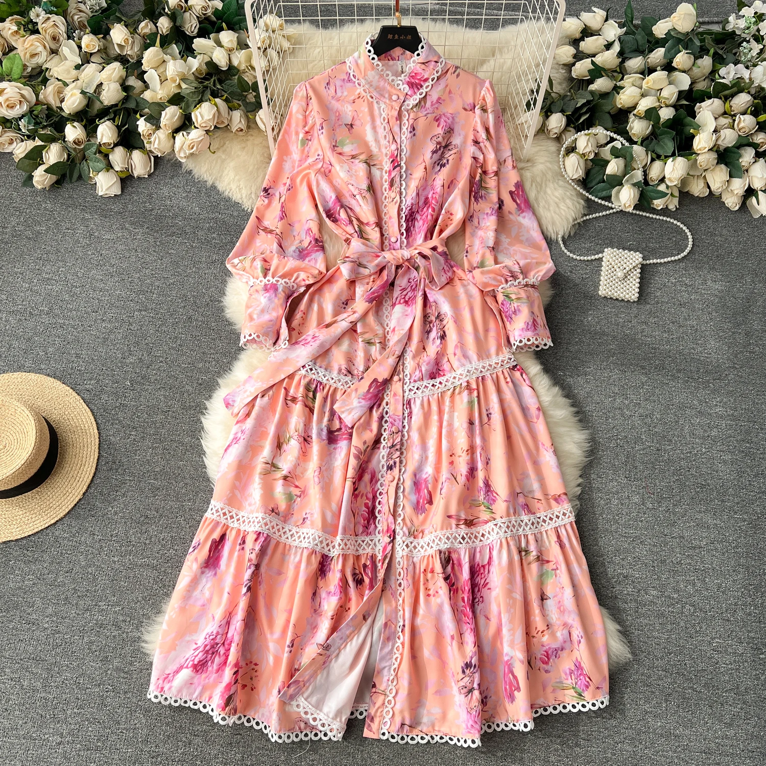 

Retro Palace Style Printed Dress for Women Spring and Autumn New French Standing Neck Lace Lace Panel Large Swing Fairy Dress