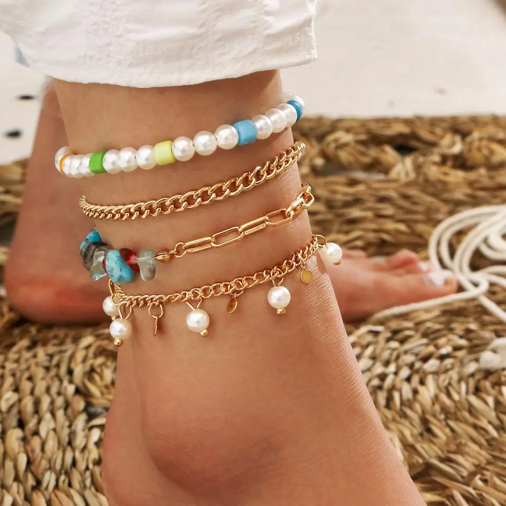 

New Brand Summer Boho Barefoot 4Pcs/Set Beach Charm Ankle Bracelet Multi Layers Rainbow Natural Stone Pearl Tassel Anklet Set, Gold