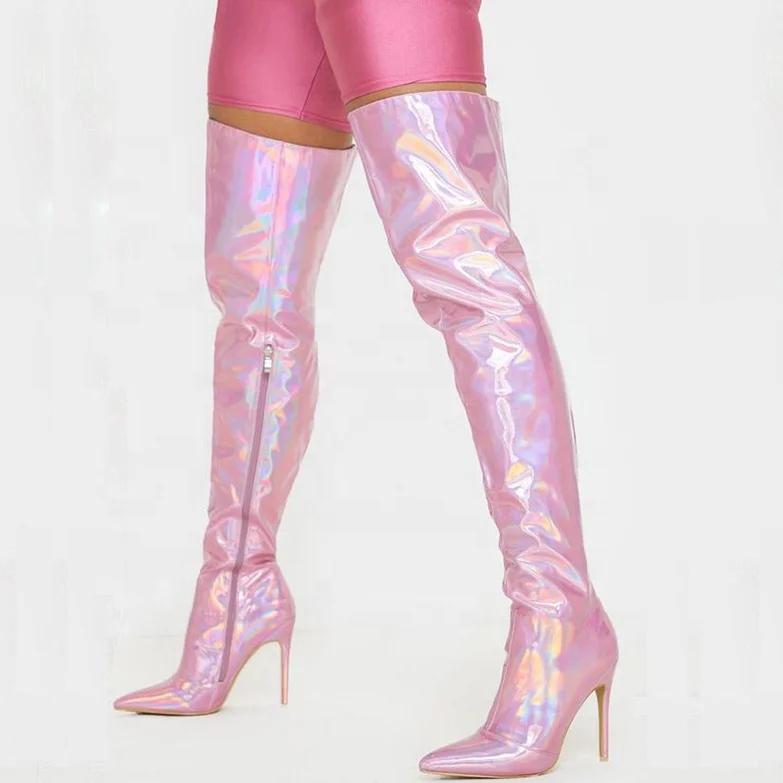 

Plus Size 44 Fashion Pink Laser Pointed Side Zipper Sexy Stage High-Top Boots Mirror Pink Leather Thigh High Boots for Girls