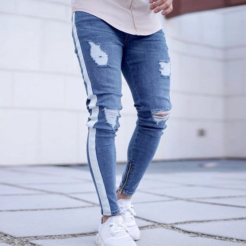 

Wholesale New men denim Ripped solid color outdoor jeans tight zipper pencil long pants men casual trousers casual slim jeans