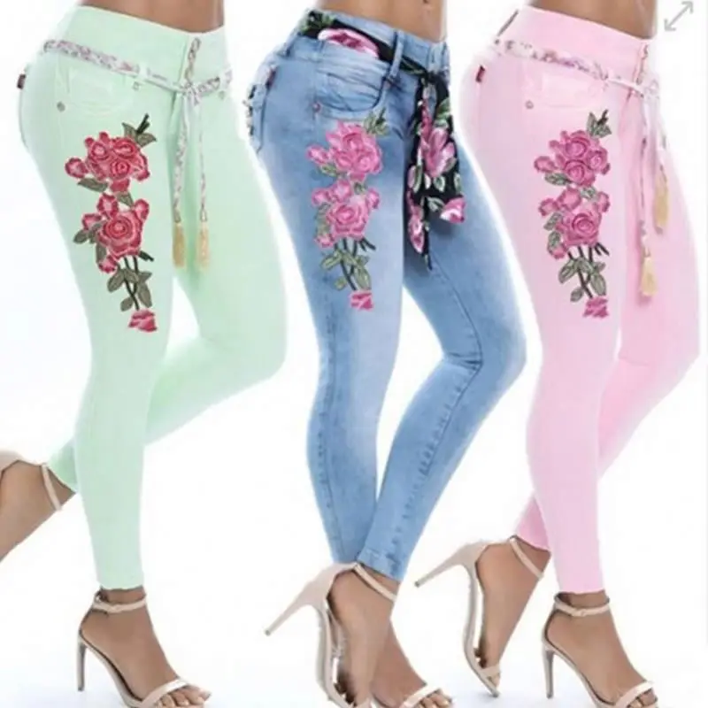 

5XL 2019 Women Stretch High Waist Skinny Embroidery Jeans Floral Print Denim Pants Trousers Women Pencil Pant Plus Size