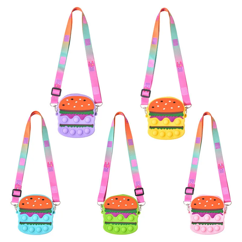 

The Latest Silicone Coin Purse Release Stress Women's Cartoon Hamburger Fidget Messenger Bag, Blue, green, pink, purple, yellow