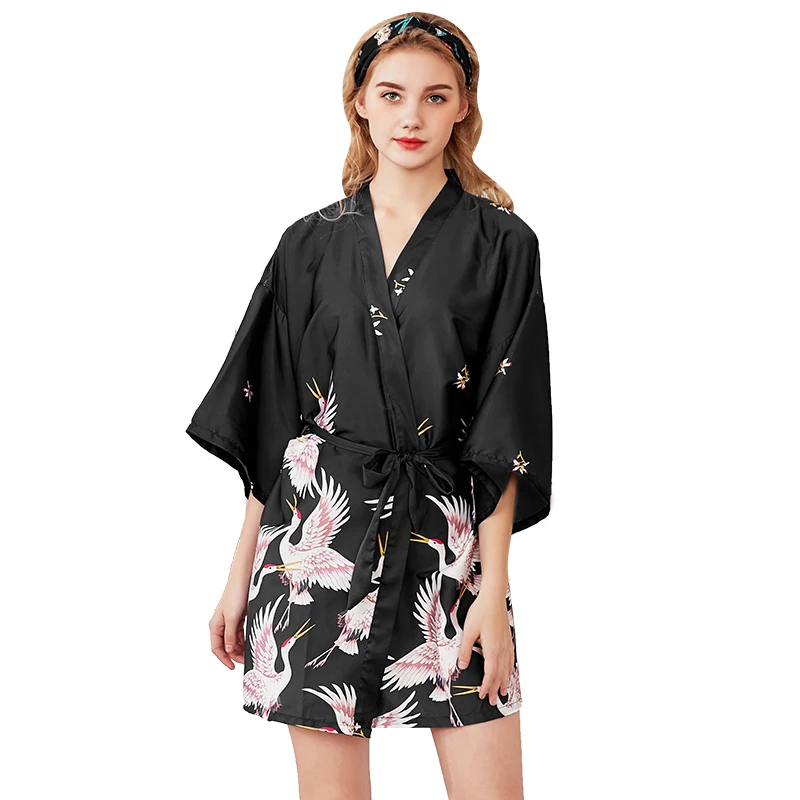 

Wholesales Custom Colorful Animal Print Cheap Soft Pajamas Women Satin Kimono Silk Robe, 9 colors in stock