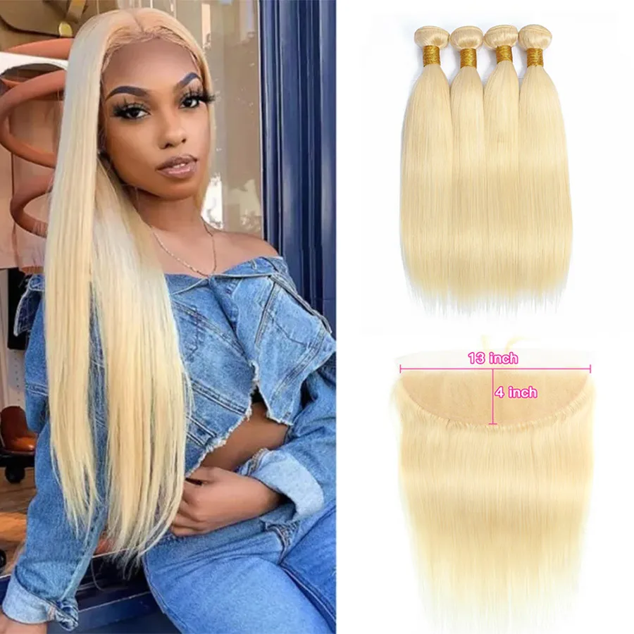 

Straight 613 Blonde Russian Raw Brazilian Vendor Virgin remy Human Hair Extension Weave Bundle with 13x4 lace frontal closure
