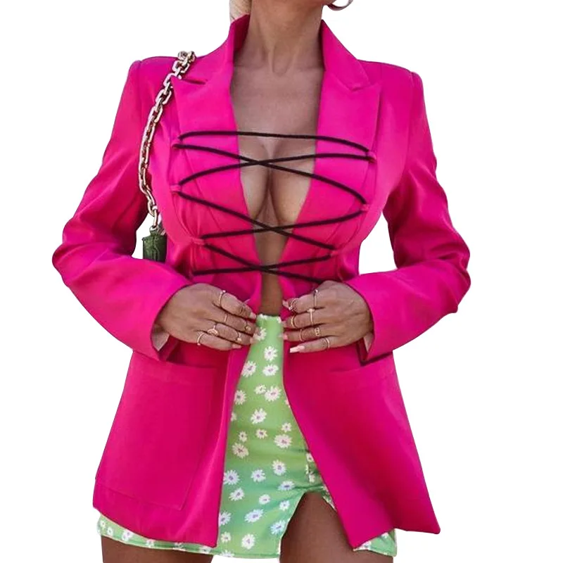 

Women Autumn Fall Outfits Lapel Long Sleeve Suit Jacket Solid bandage Elegant Office Blazer for lady