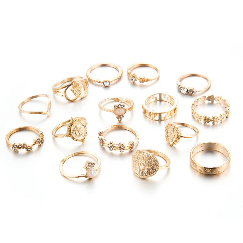 

15pcs/set Vintage ring set beauty head gold coin cross pattern inlaid diamond heart finger ring set