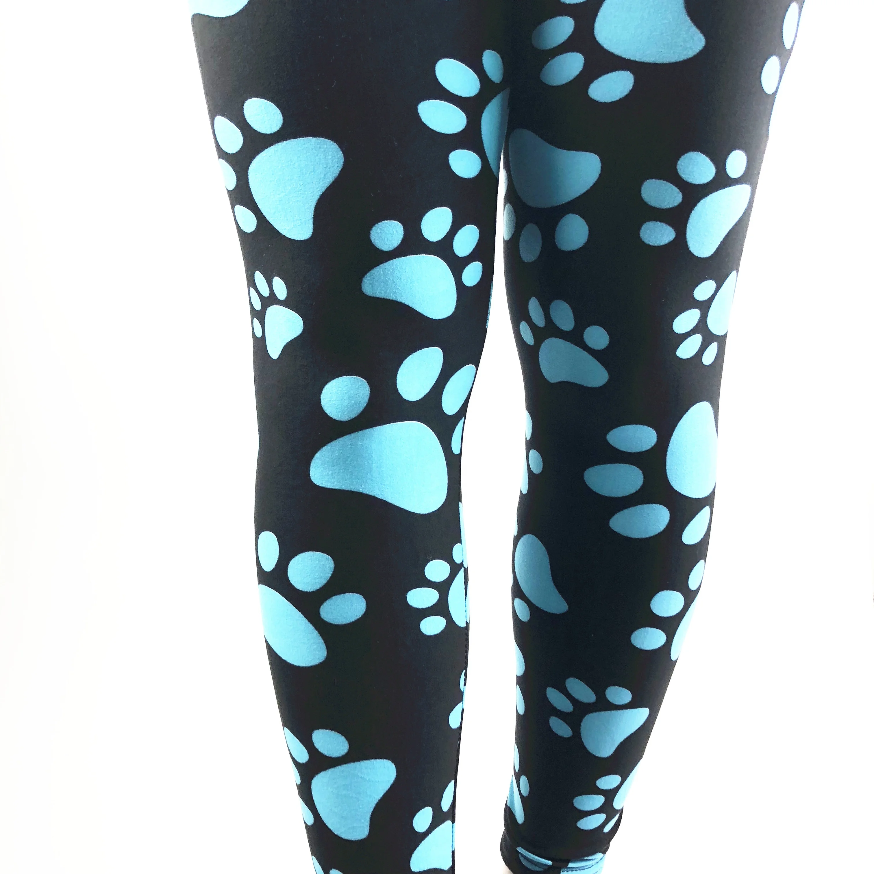 Blue Color Dog Paw Prints 92/8 Polyester Spandex Super Stretch High Quality Double Brushed Leggings for Women