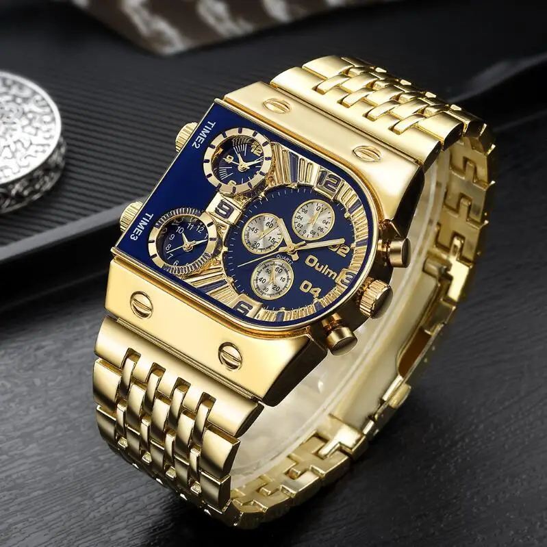 

Luxury Brand Oulm Quartz Male Watch 3 Time Zone Military Wristwatch Gold Stainless Steel Men's Watches Relogio Masculino