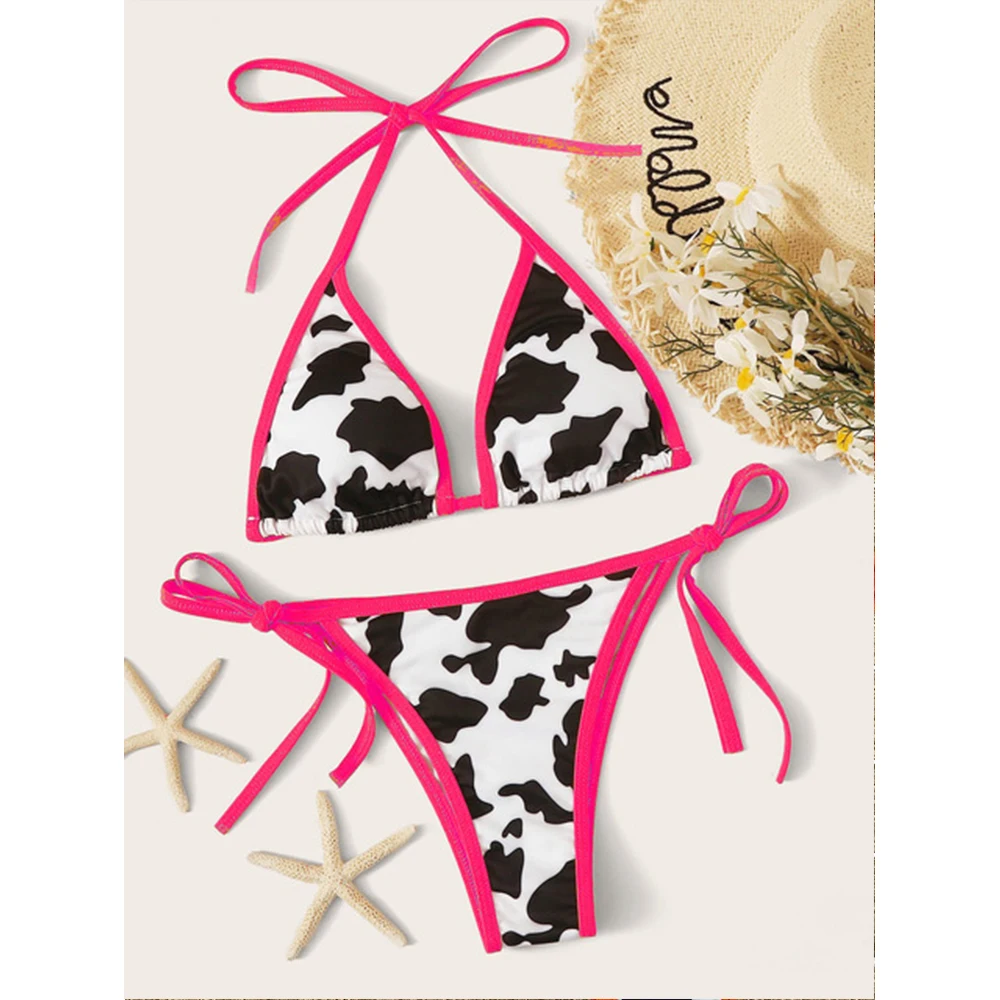 

New arrivals 2021 Bikini Set Women's Ladies Bathing Fashion Sexy Cow Print Triangle Halter Woman Bathing Suit, Picture shows