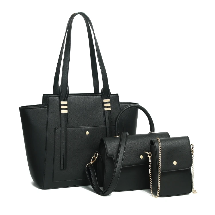 

2021 Fashion high-end black design custom logo pu leather 3pcs tassel hand bag set 3 in 1 purses and handbags women