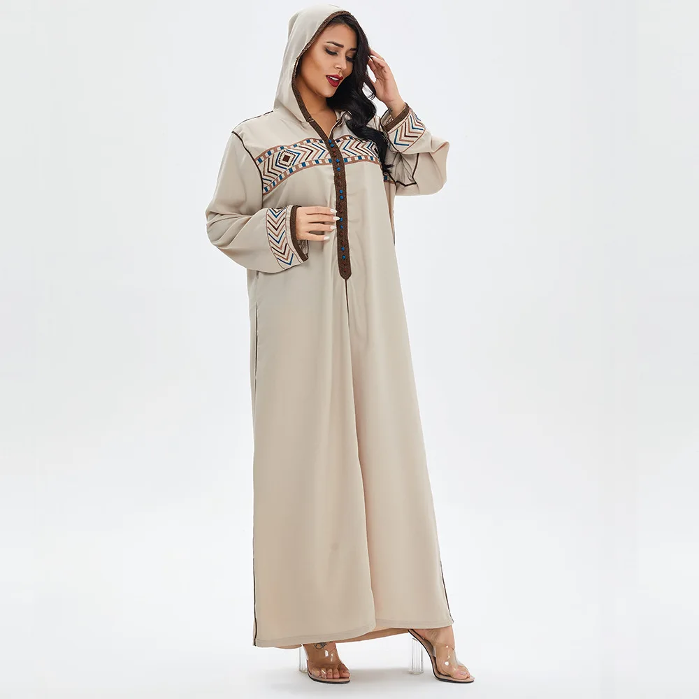 

XG-2014# 2022 New arrival embroidery long sleeve hoodie casual robe muslim kaftan dubai moroccan dress islamic islam clothing, Black,khaki