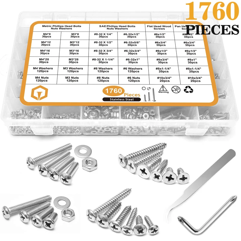 
1760PCS Screws Bolts Nuts Washers Assortment Kit for Machinery 