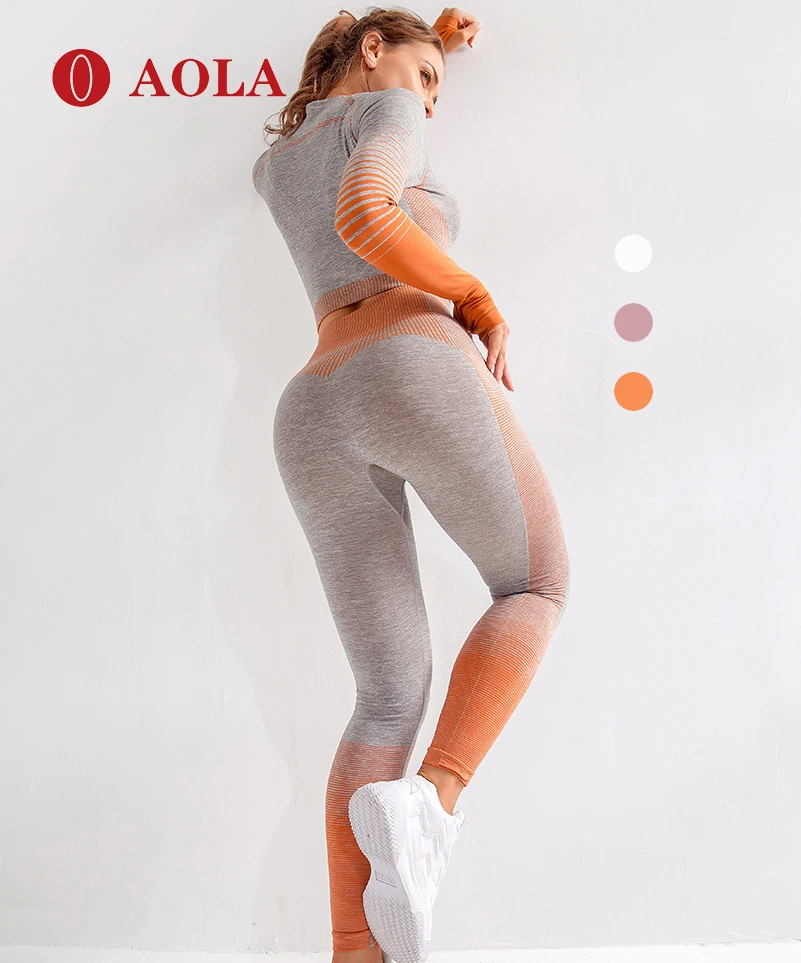 

AOLA Sports Wear Women Gym Breathable Workout Clothing Activewear All Sizes Yoga Tops And Legging Set, Gray/orange/pink