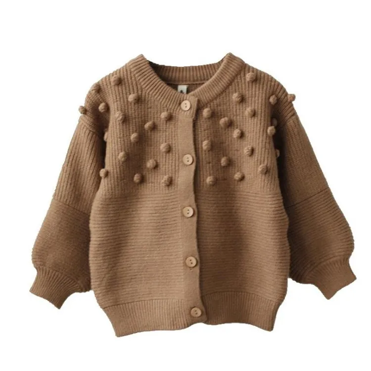 

Spring Autumn Fashion Girls Sweaters Korean Style Solid Color Soft Cardigan Kids With Pom Pom, 3 colors