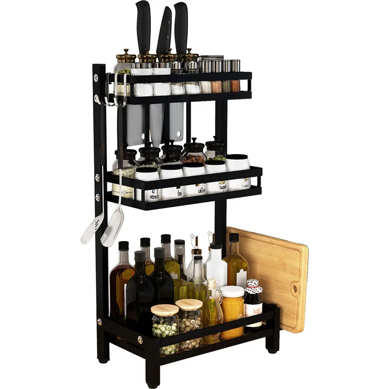 

Good Quality Stainless Steel Multifunctional Kitchen Organizer Shelves Cabinet Standing Spice Rack Seasoning Rack, Black
