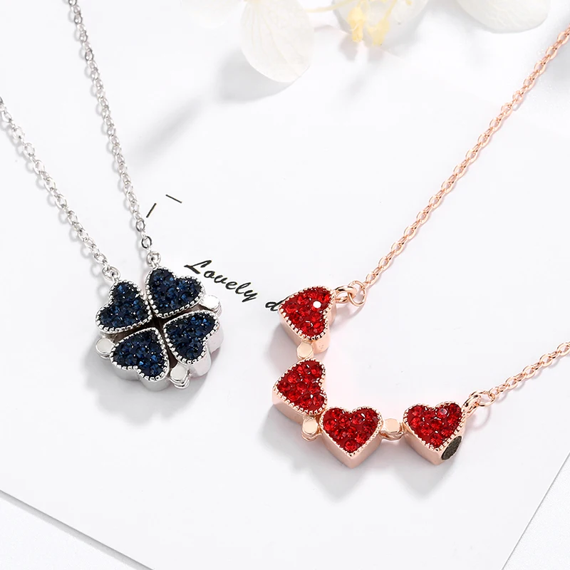 

New Design Hot Sale Detachable 925 Sterling Silver Jewelry Girl Four Leaf Clover Double-Sided Heart Shaped Necklace, Picture