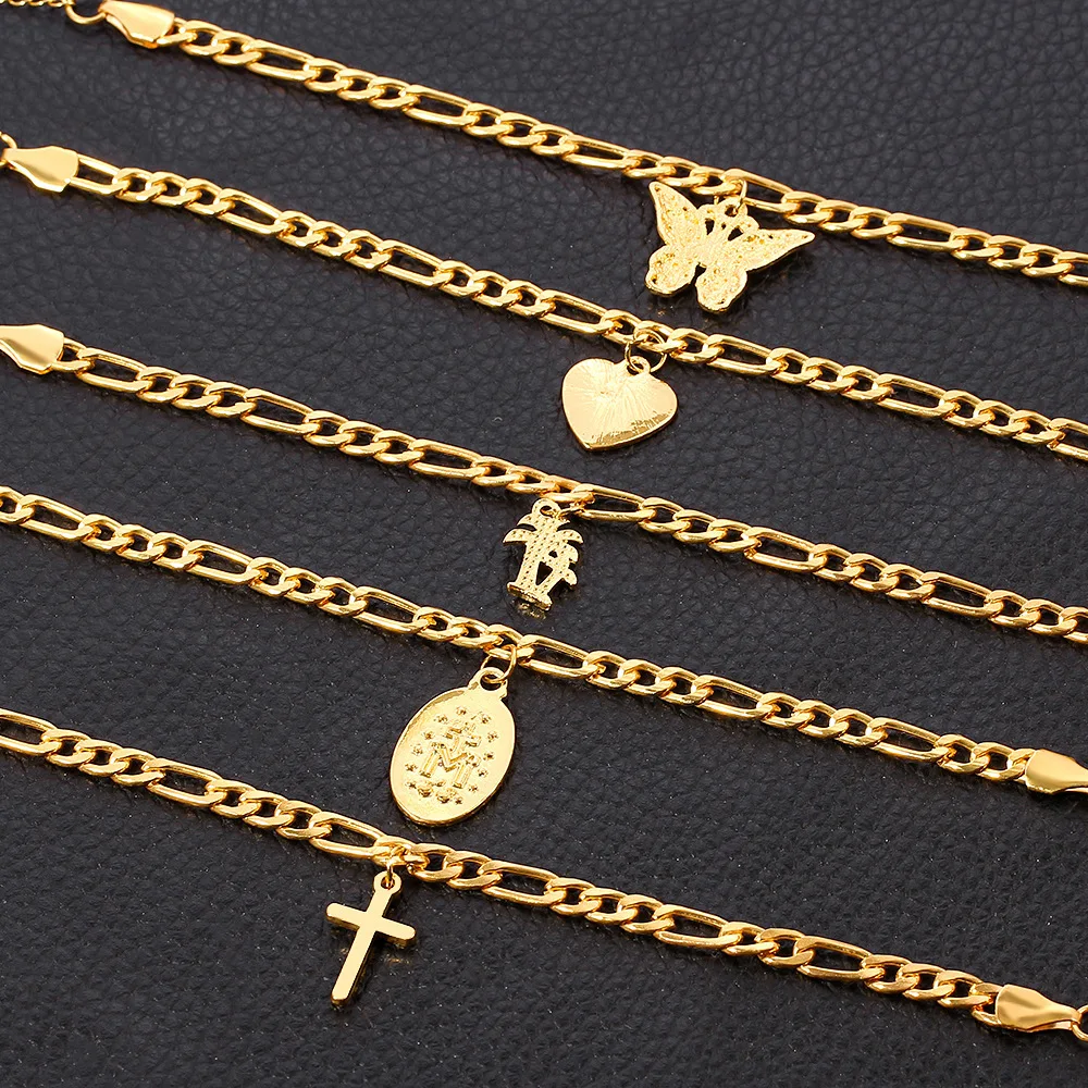 

2021 Wholesale Anklets Heart Cross Butterfly Palm Tree Jesus Charm Anklets Foot Jewelry Gold Plated Anklet For Women