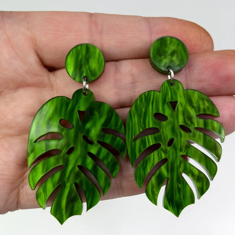 

women trendy party statement jewelry acrylic tropical monstera leaf earrings