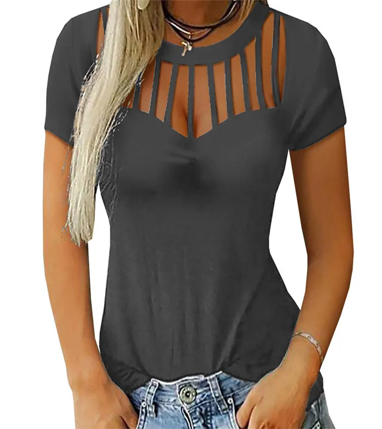 

Women's Hot Style Sexy Hollow Solid Color Short-sleeved T-shirt Top Women, As pic