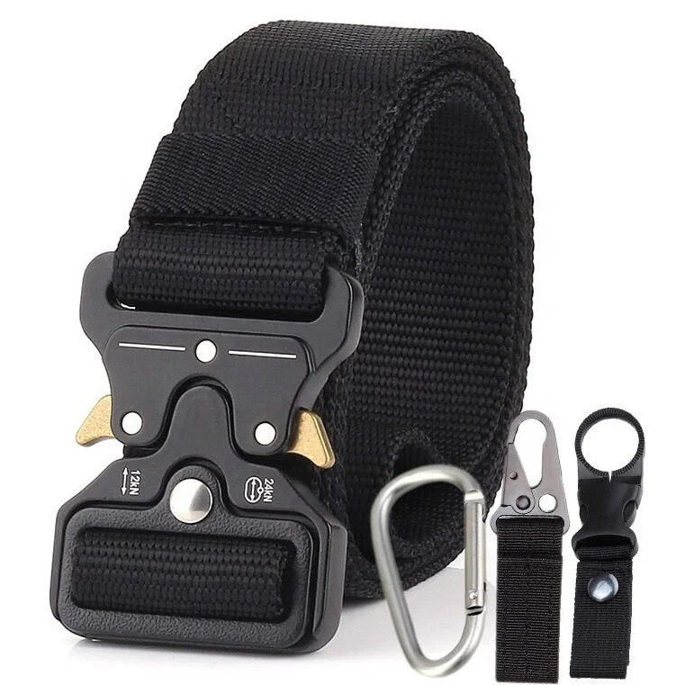 

Custom logo camping training accessories kit tactical duty belt carabiner bottle keychain key clip nylon military waist belt