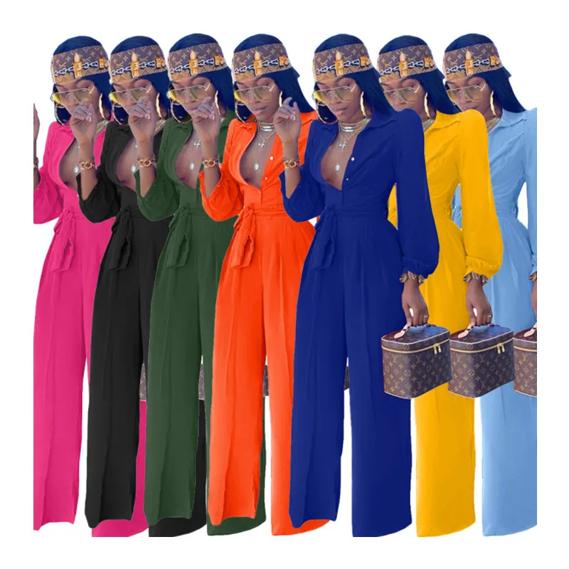 

2022 New Arrival Plus Size Lapel Collar Long Sleeve Women Jumpsuit Fashion Casual Solid Color Bandage Women Jumpsuit, Picture color