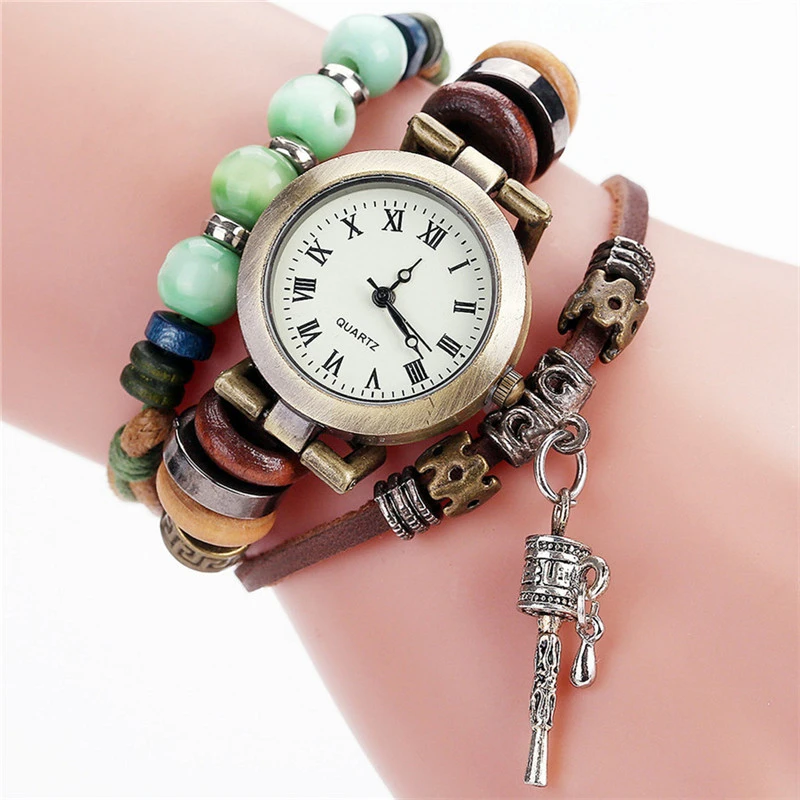 

WJ-9312 Foreign Trade Hot Sell Hand Woven Leather Bronze Ladies Watch Vintage Bracelet Watch Jewelry Pendant Women's Wristwatch, Multicolor