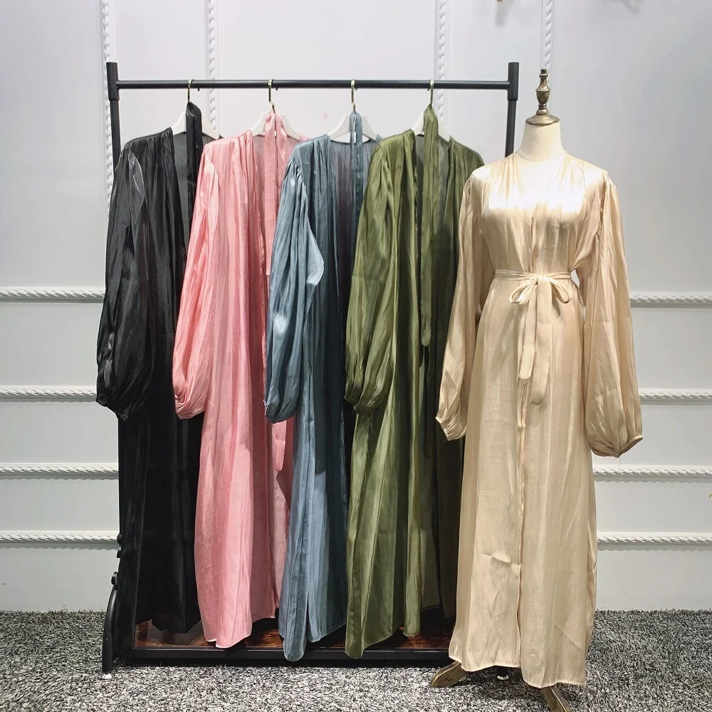 

Open Abaya Dubai Kaftan dress puff sleeves Muslim summer maxi dresses Women Islamic Clothing, Beige, army green, black, gary, pink