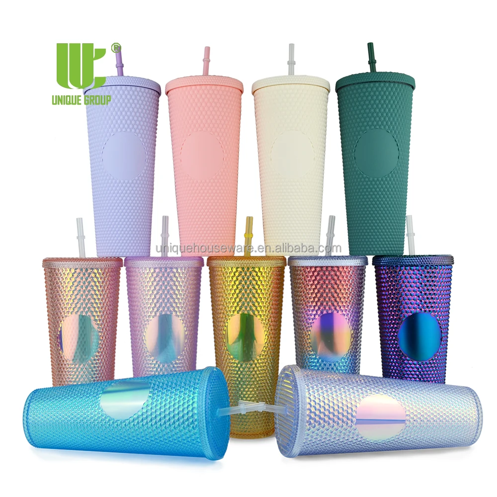 

New 710ml BPA Free American Iridescent Double Layer Durian Studded Tumbler Grid Diamond Stud Cup with Straw, All side stunning