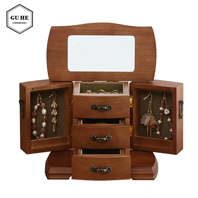 

Brownish red box Double side door Storage Necklace Ring Bracelet Watch Collect exquisite ornaments Solid wood jewelry box