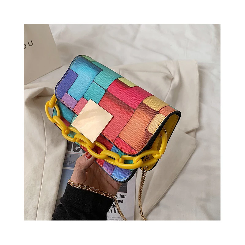 

Color Grid Design Women Chain Messenger Classical Buckles Handbag Fashion Cross-body Bag Leather Shoulder Bag