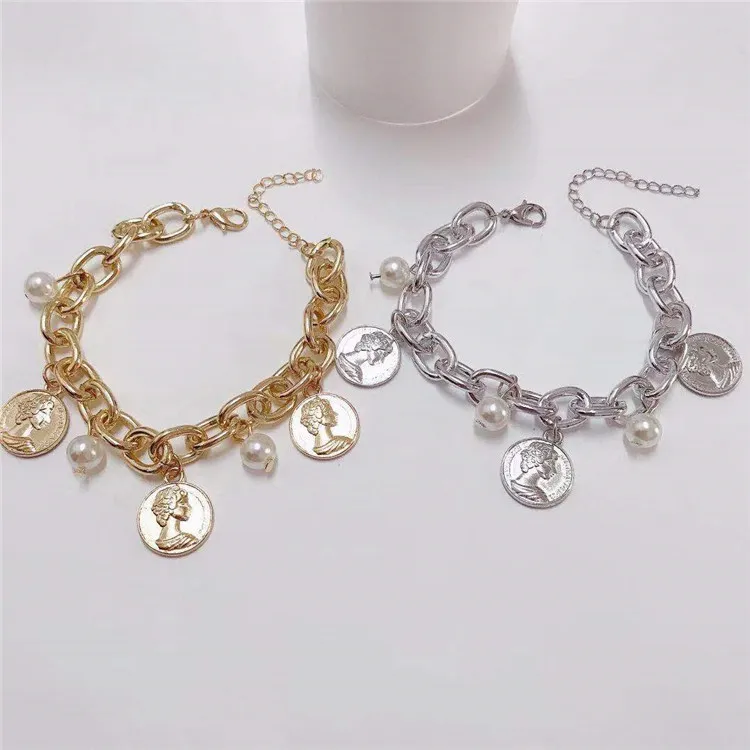 

2021 New Arrival Luxury Gold Cuban Link Chain Bracelet Punk Style Pearl Metal Portrait Coin Bracelets For Women, Gold, silver