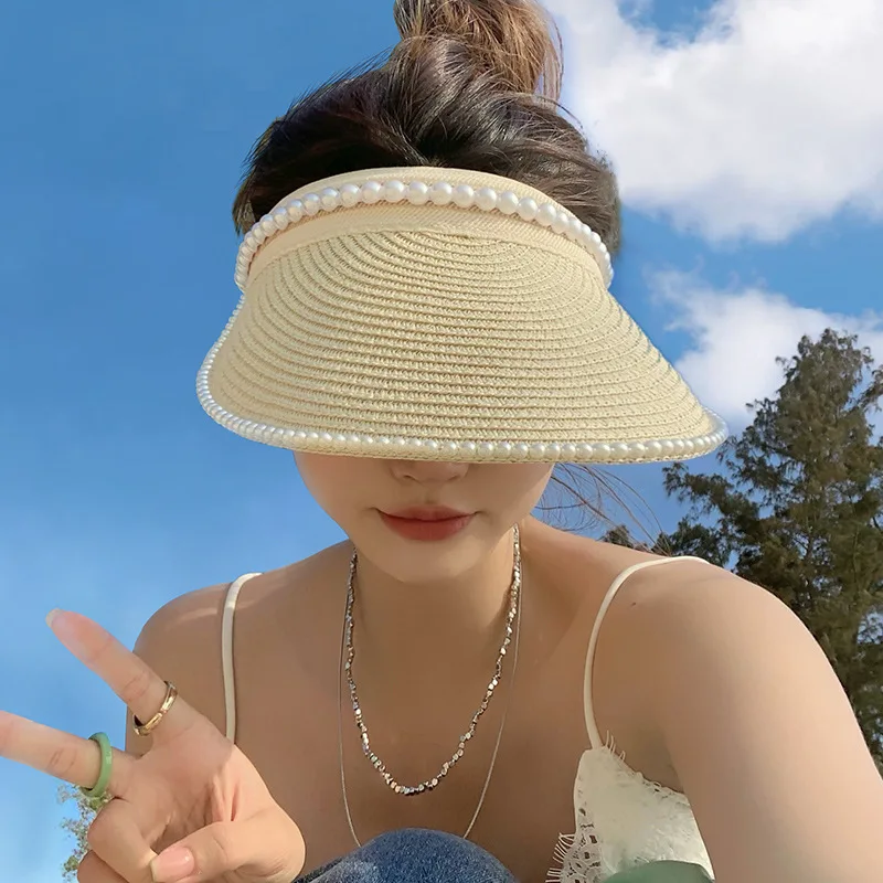 

Wholesale Fashion Ladies Luxury Pearl Beach Uv Sunscreen Travel Summer Women Straw Hats Visor Hat