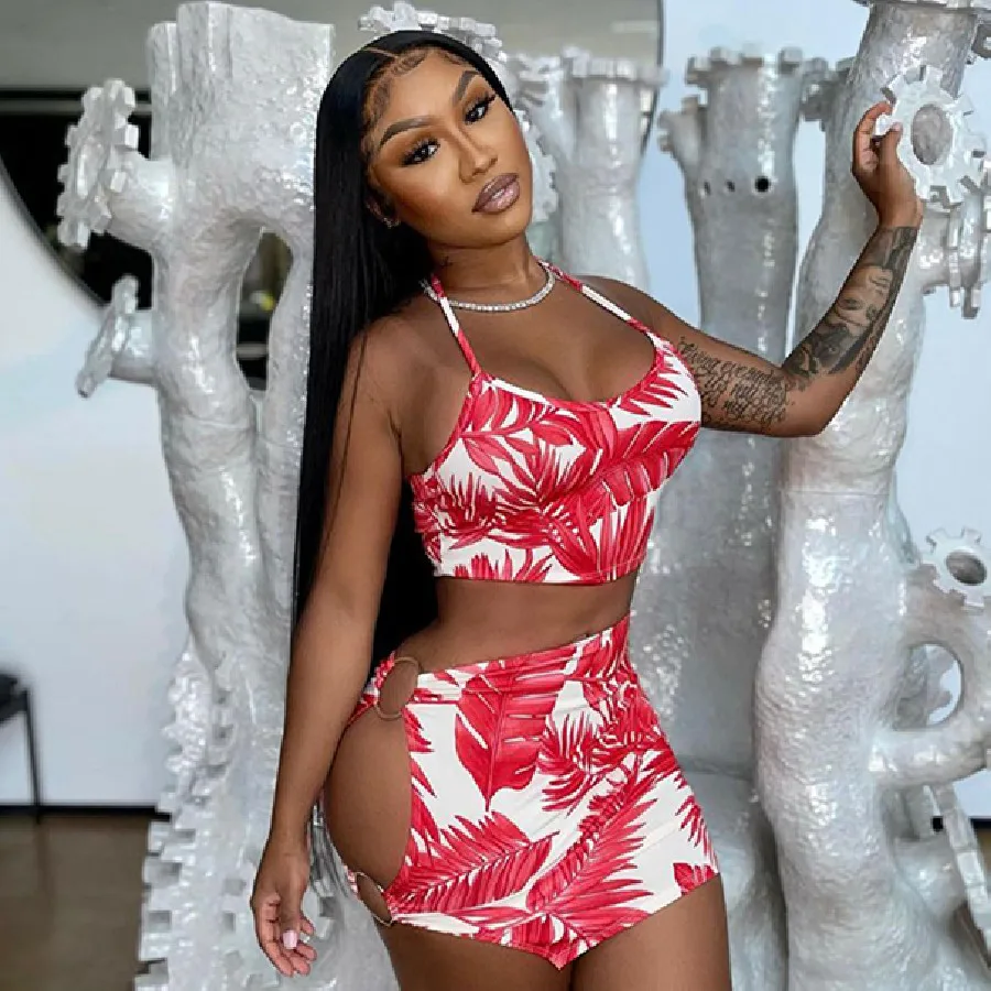 

Nibber K21S02963 New Style Wholesale Printed Sleeveless Side Open Sexy Halter Crop Top Camisole & Mini Skirt Set Women Clubwear, Red
