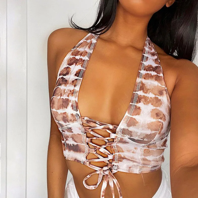 

FS3299D Woman Fashion Print Halter Bandage Sleeveless Sexy Crop Tops