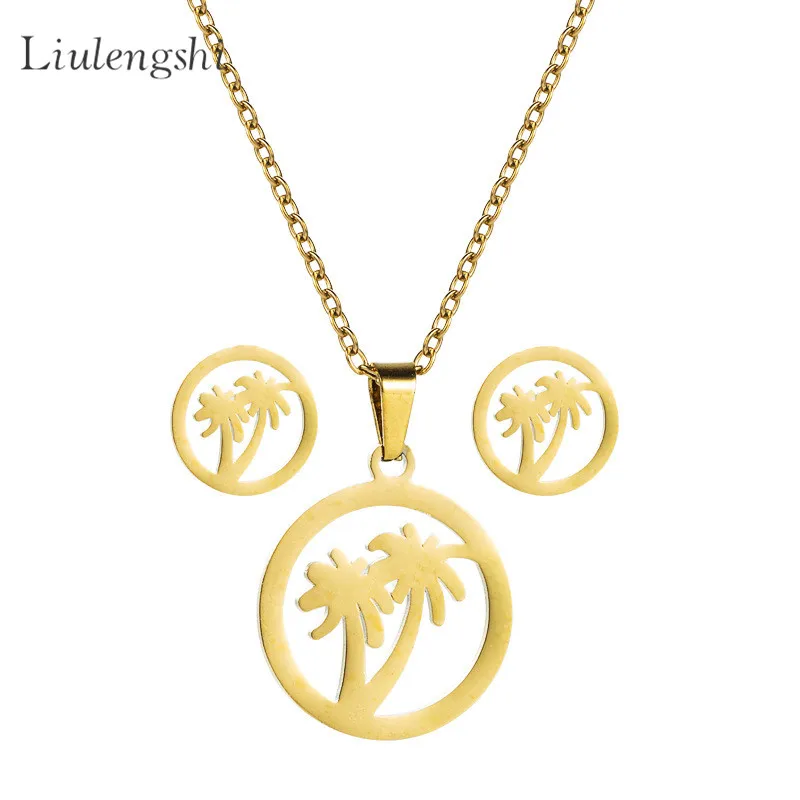 

Amazon Best Selling Stainless Steel Heart Necklace Trendy Coconut Tree Necklace Earrings Jewelry Set For Women Girl