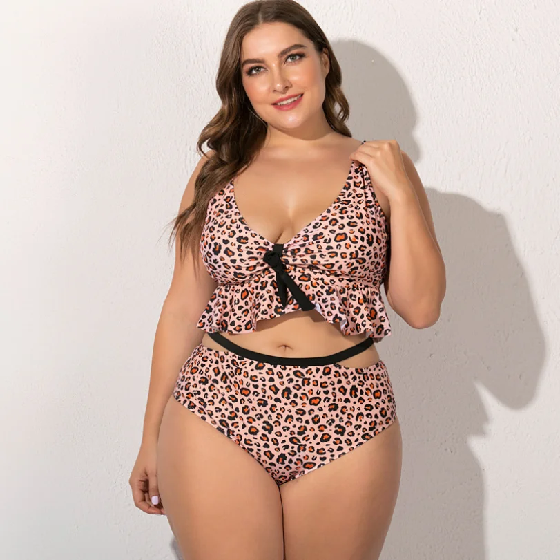 

Stylish Ruffle Beachwear Two Pieces Fat Women Plus Size Halter Backless High Waist Thong Swimsuit New Sexy Printed Bikini, As picture