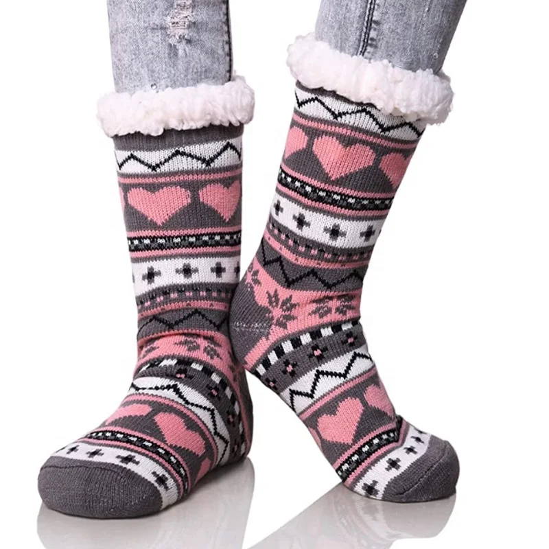 

Ready to ship wholesale sale fuzzy thick warm heavy fleece lined winter Christmas slipper socks cozy for women