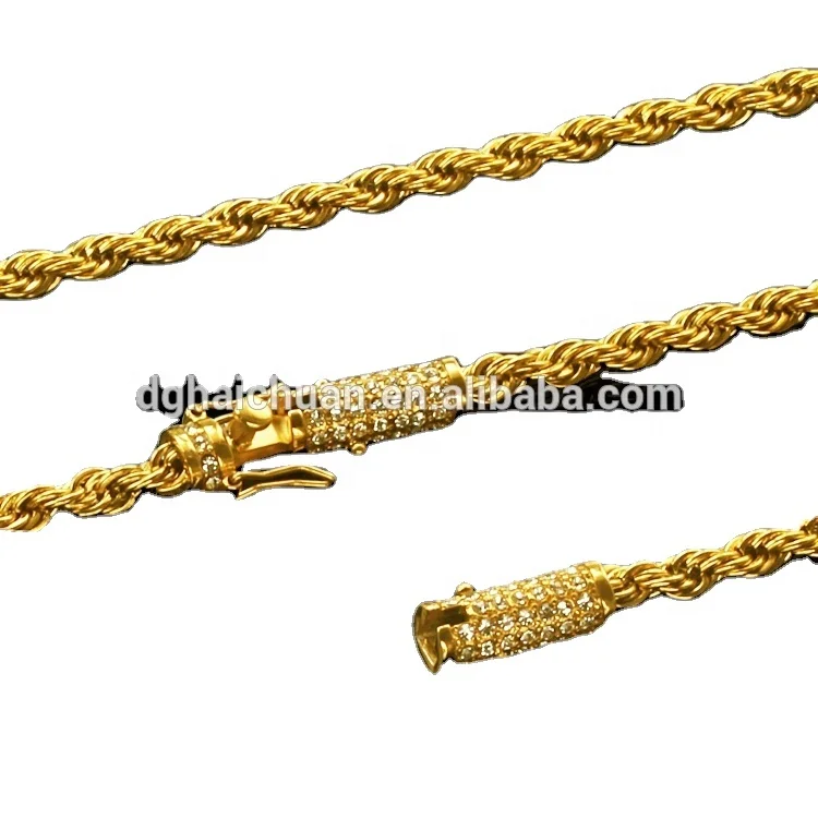 

316l stainless steel gold plated rope chains with cz diamond clasp 18k gold men chains, 10k,14k,18k,22k,24k gold