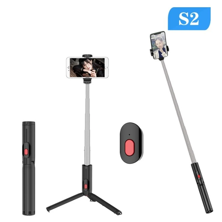 

New S2 Blue tooth Selfie Stick Stainless Steel Aluminum Alloy D2 Tripod Selfie Stick Rotatable Telescopic Selfie Stick, Black
