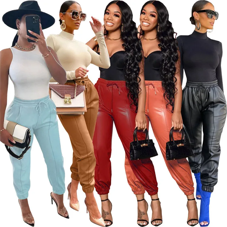 

Popular Ladies Daily Trousers Pu Leather Drawstring Casual Wear Women Long Pants, Picture shown